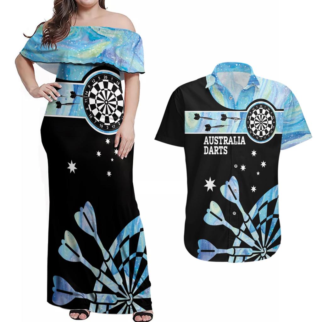 Personalised Australia Darts Opal Vibes Couples Matching Off Shoulder Maxi Dress and Hawaiian Shirt