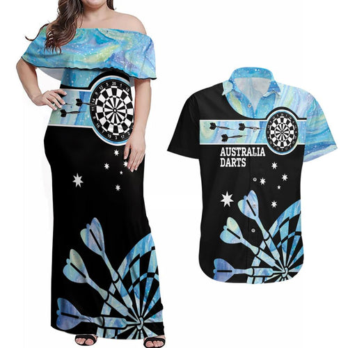 Personalised Australia Darts Opal Vibes Couples Matching Off Shoulder Maxi Dress and Hawaiian Shirt