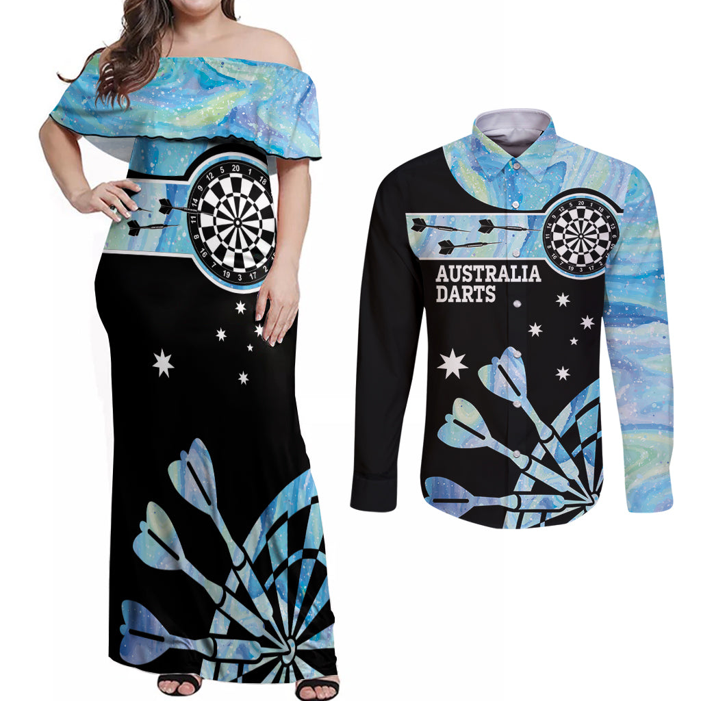 Personalised Australia Darts Opal Vibes Couples Matching Off Shoulder Maxi Dress and Long Sleeve Button Shirt