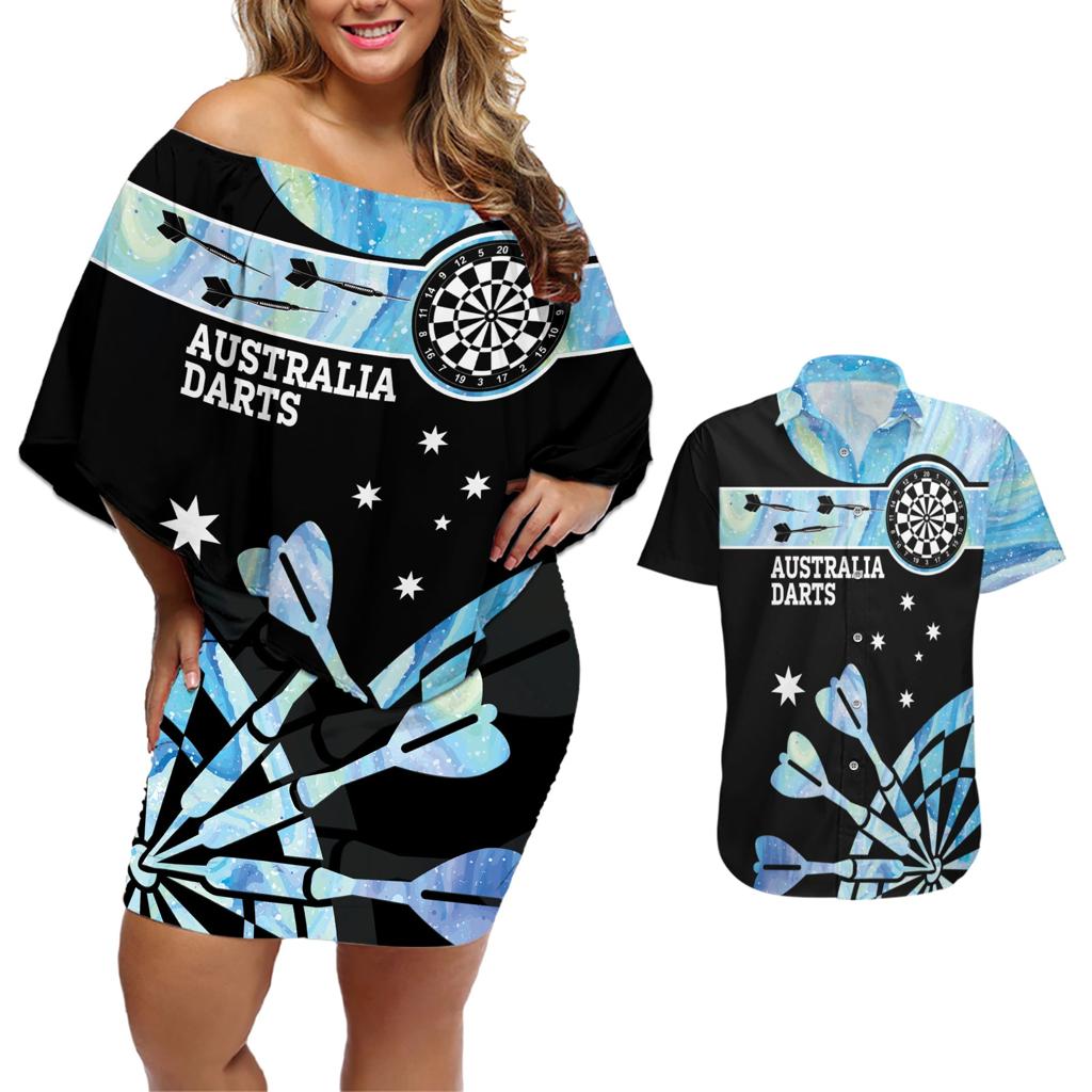 Personalised Australia Darts Opal Vibes Couples Matching Off Shoulder Short Dress and Hawaiian Shirt