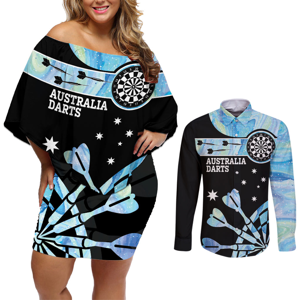Personalised Australia Darts Opal Vibes Couples Matching Off Shoulder Short Dress and Long Sleeve Button Shirt