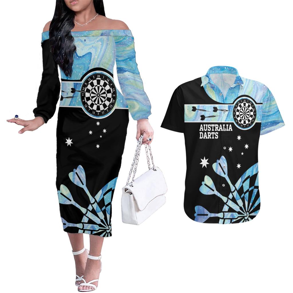 Personalised Australia Darts Opal Vibes Couples Matching Off The Shoulder Long Sleeve Dress and Hawaiian Shirt