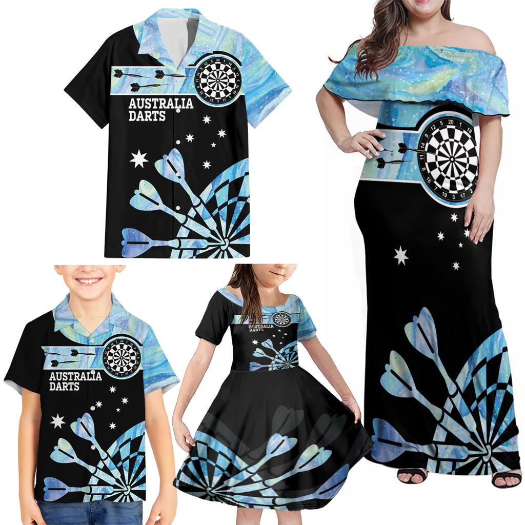 Personalised Australia Darts Opal Vibes Family Matching Off Shoulder Maxi Dress and Hawaiian Shirt