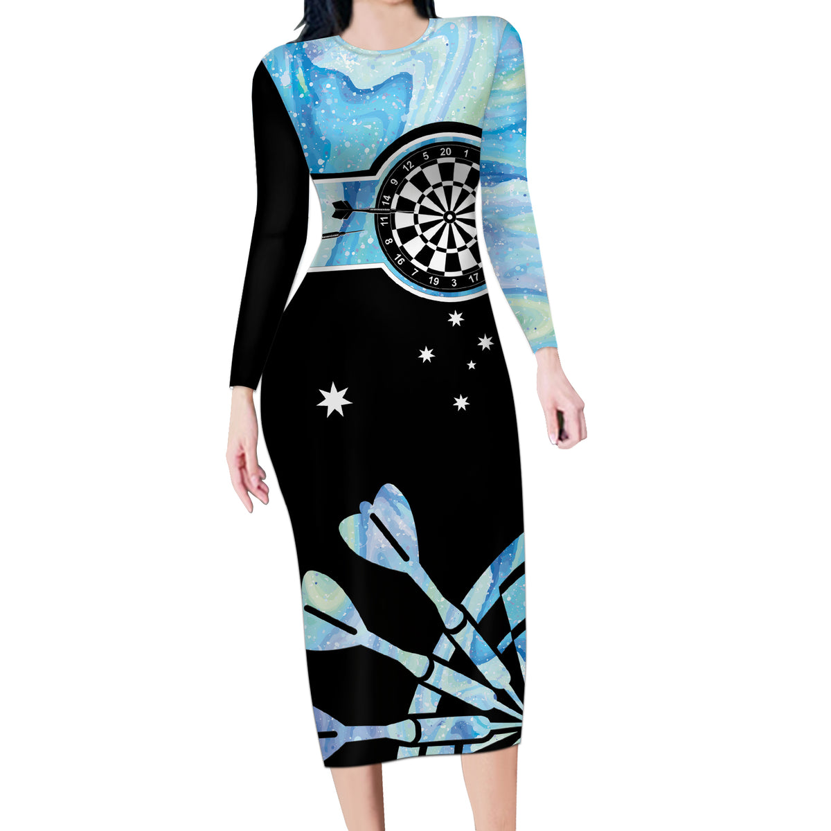Personalised Australia Darts Opal Vibes Long Sleeve Bodycon Dress