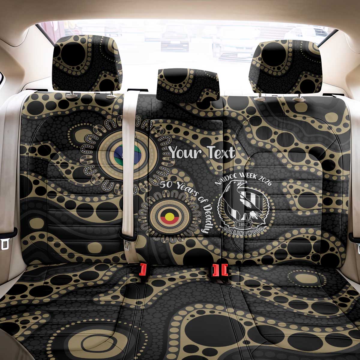 Collingwood NAIDOC Week 2026 Personalised Back Car Seat Cover 50 Years of Deadly Aboriginal Art