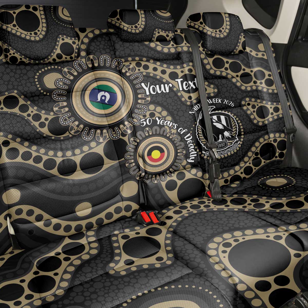 Collingwood NAIDOC Week 2026 Personalised Back Car Seat Cover 50 Years of Deadly Aboriginal Art