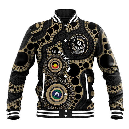 Collingwood NAIDOC Week 2026 Personalised Baseball Jacket 50 Years of Deadly Aboriginal Art
