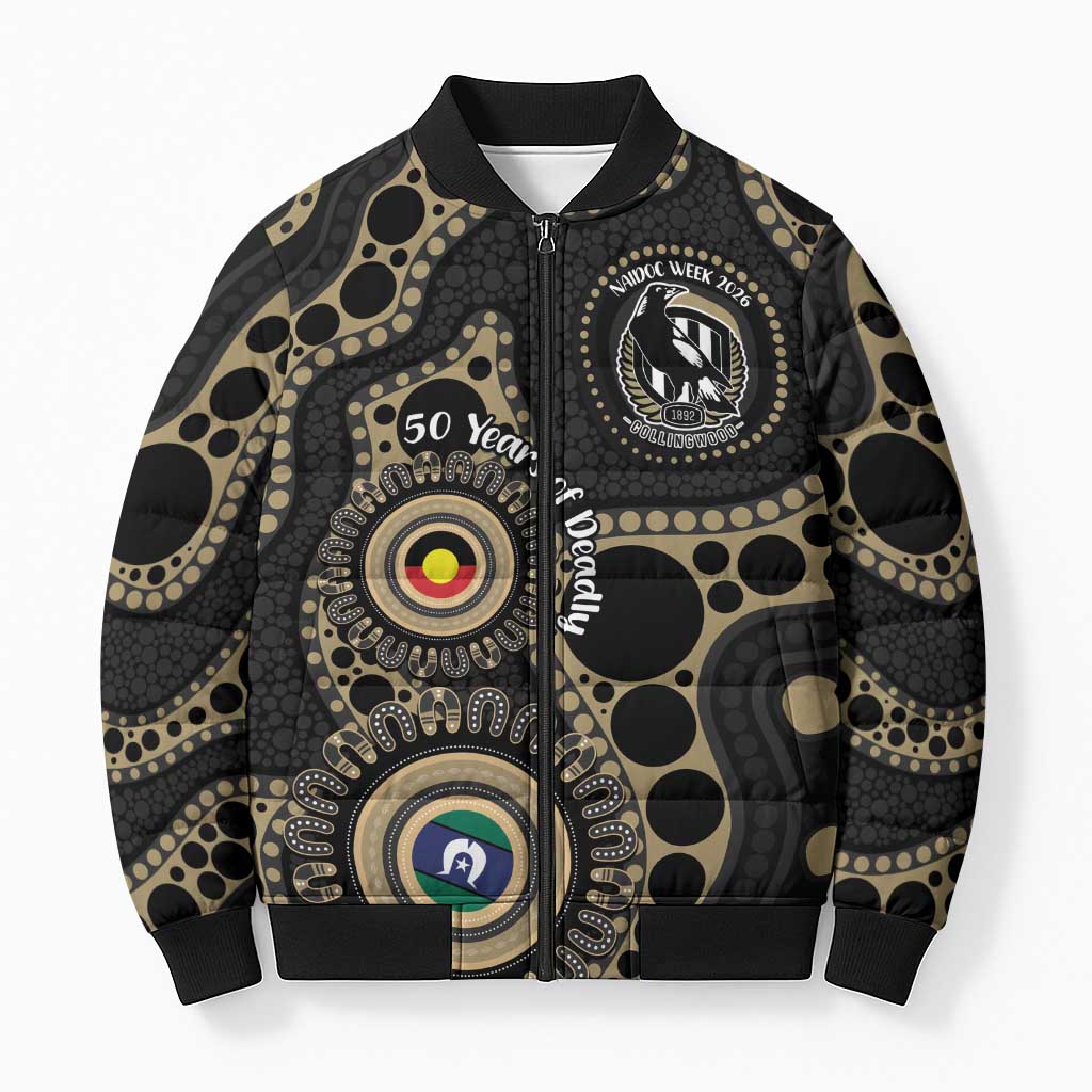 Collingwood NAIDOC Week 2026 Personalised Bomber Puffer Jacket 50 Years of Deadly Aboriginal Art