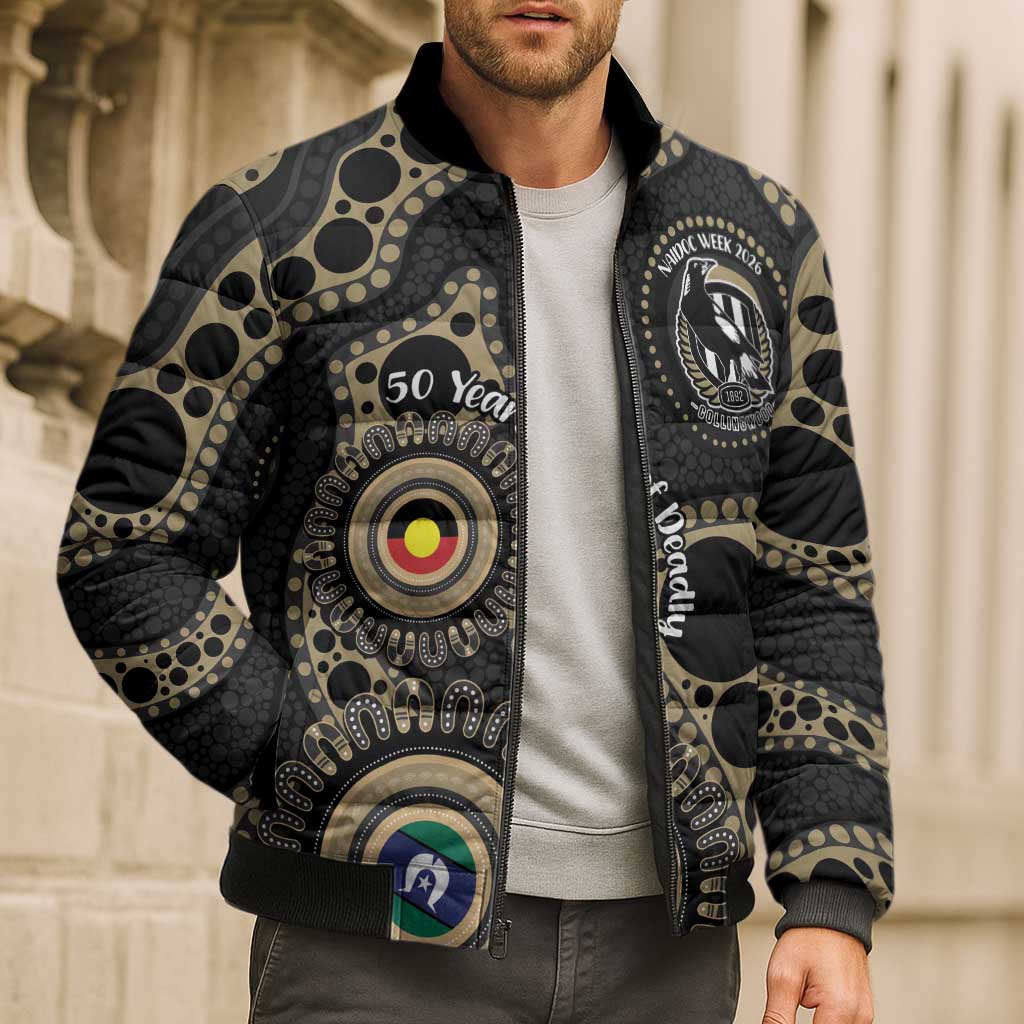 Collingwood NAIDOC Week 2026 Personalised Bomber Puffer Jacket 50 Years of Deadly Aboriginal Art
