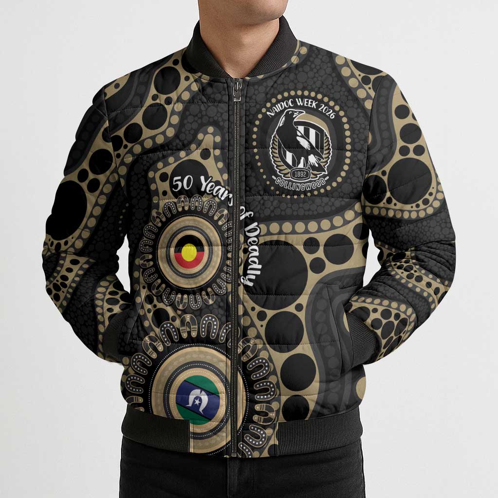 Collingwood NAIDOC Week 2026 Personalised Bomber Puffer Jacket 50 Years of Deadly Aboriginal Art