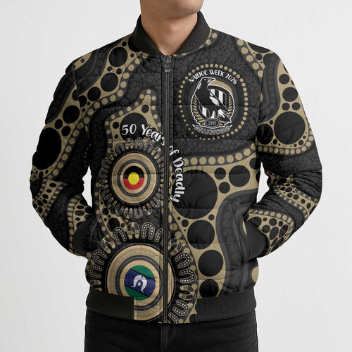 Collingwood NAIDOC Week 2026 Personalised Bomber Puffer Jacket 50 Years of Deadly Aboriginal Art