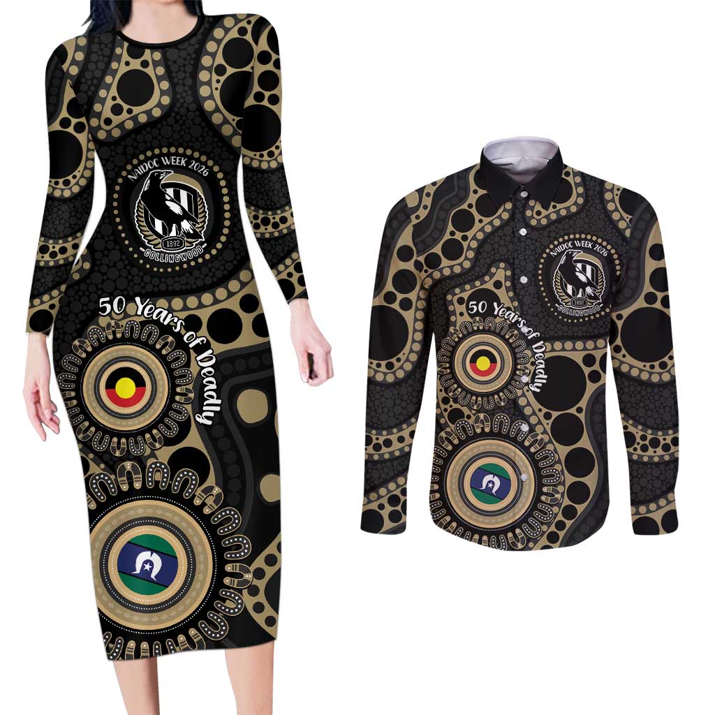 Collingwood NAIDOC Week 2026 Personalised Couples Matching Long Sleeve Bodycon Dress and Long Sleeve Button Shirt 50 Years of Deadly Aboriginal Art