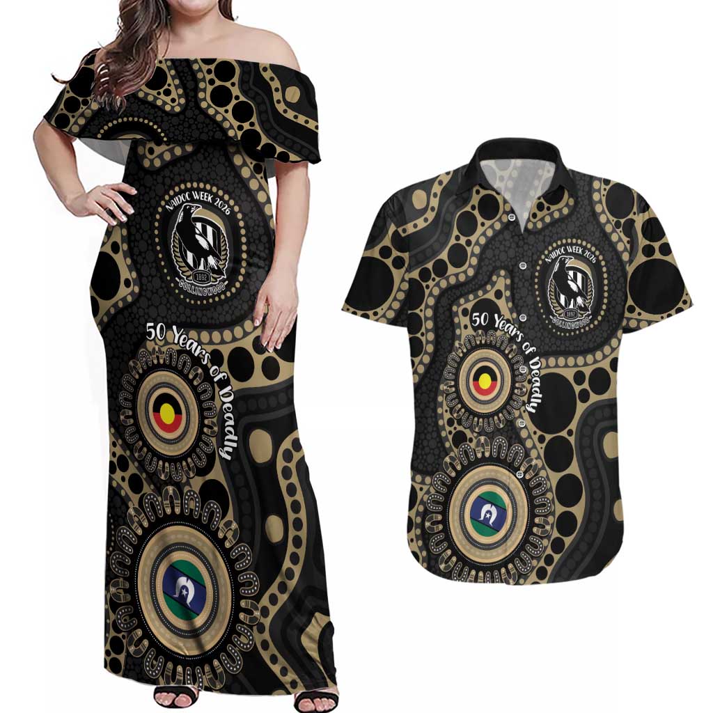 Collingwood NAIDOC Week 2026 Personalised Couples Matching Off Shoulder Maxi Dress and Hawaiian Shirt 50 Years of Deadly Aboriginal Art