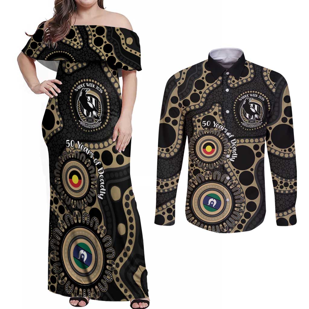 Collingwood NAIDOC Week 2026 Personalised Couples Matching Off Shoulder Maxi Dress and Long Sleeve Button Shirt 50 Years of Deadly Aboriginal Art