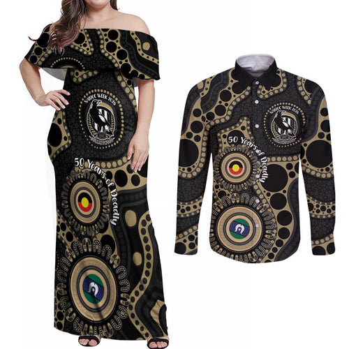 Collingwood NAIDOC Week 2026 Personalised Couples Matching Off Shoulder Maxi Dress and Long Sleeve Button Shirt 50 Years of Deadly Aboriginal Art