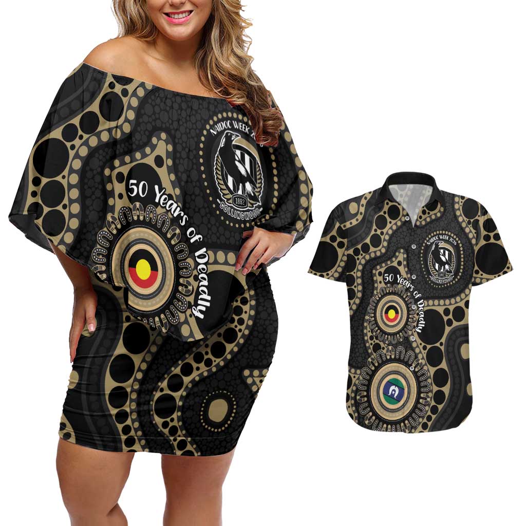 Collingwood NAIDOC Week 2026 Personalised Couples Matching Off Shoulder Short Dress and Hawaiian Shirt 50 Years of Deadly Aboriginal Art