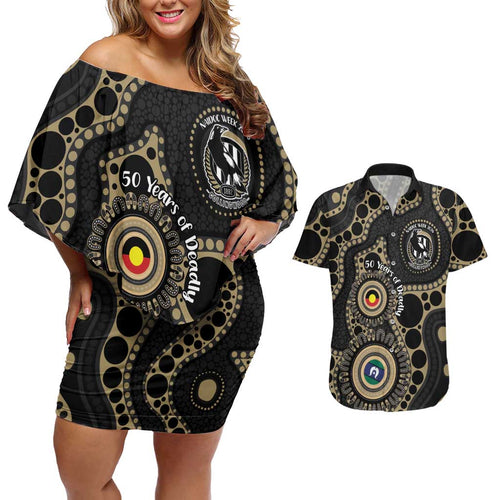 Collingwood NAIDOC Week 2026 Personalised Couples Matching Off Shoulder Short Dress and Hawaiian Shirt 50 Years of Deadly Aboriginal Art