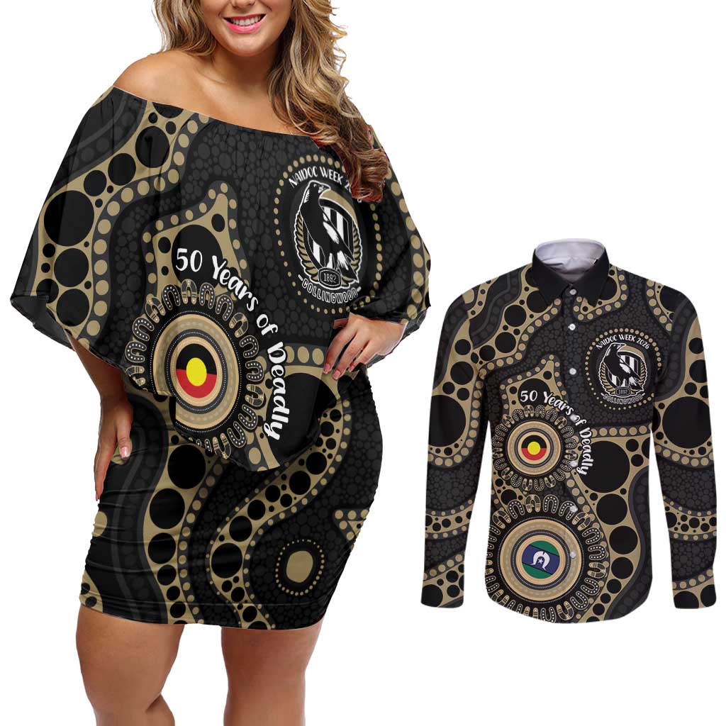 Collingwood NAIDOC Week 2026 Personalised Couples Matching Off Shoulder Short Dress and Long Sleeve Button Shirt 50 Years of Deadly Aboriginal Art