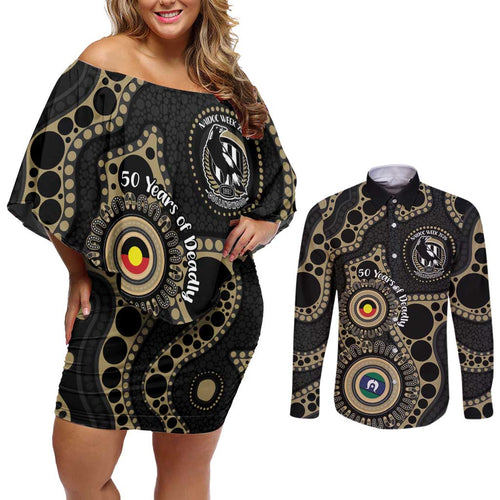 Collingwood NAIDOC Week 2026 Personalised Couples Matching Off Shoulder Short Dress and Long Sleeve Button Shirt 50 Years of Deadly Aboriginal Art