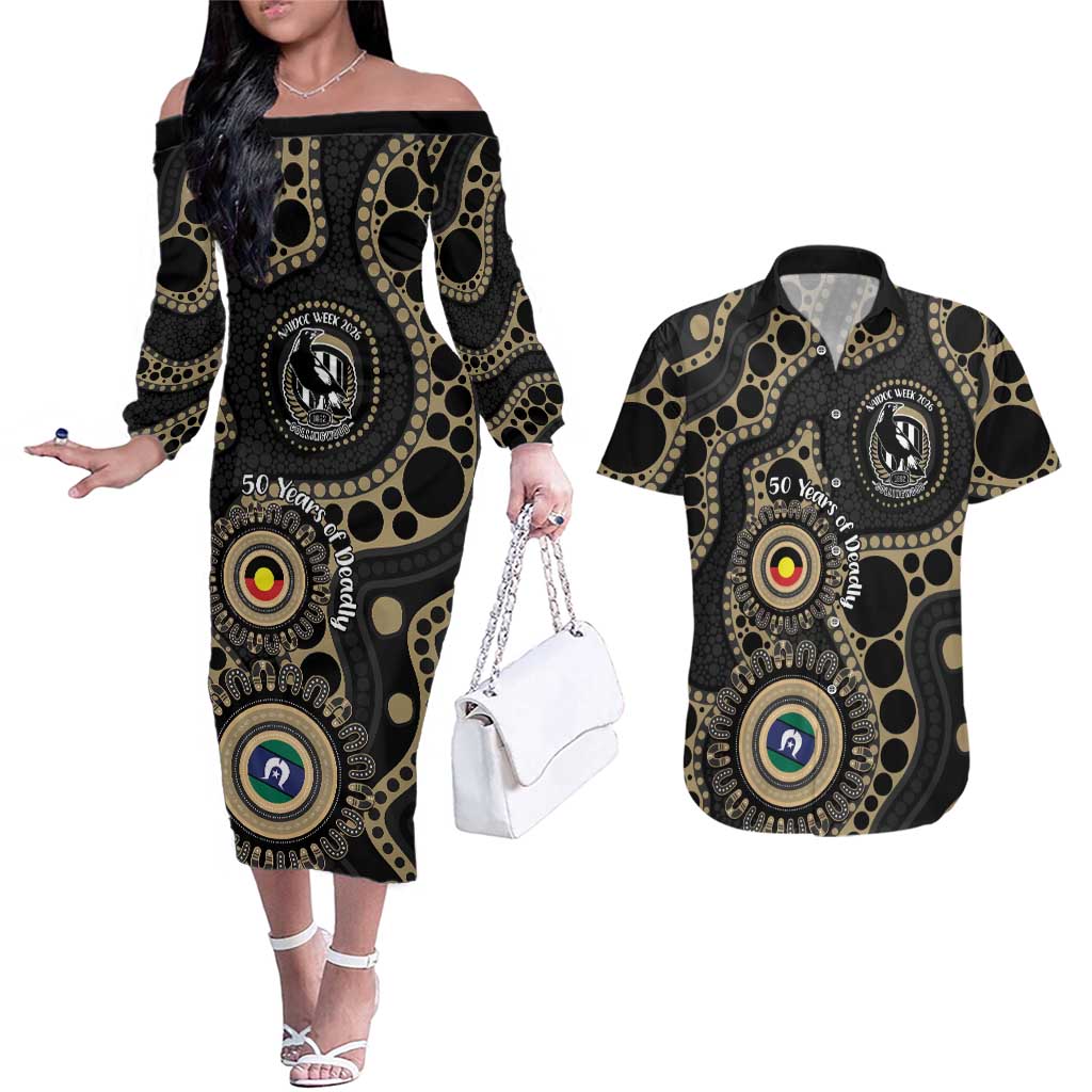 Collingwood NAIDOC Week 2026 Personalised Couples Matching Off The Shoulder Long Sleeve Dress and Hawaiian Shirt 50 Years of Deadly Aboriginal Art