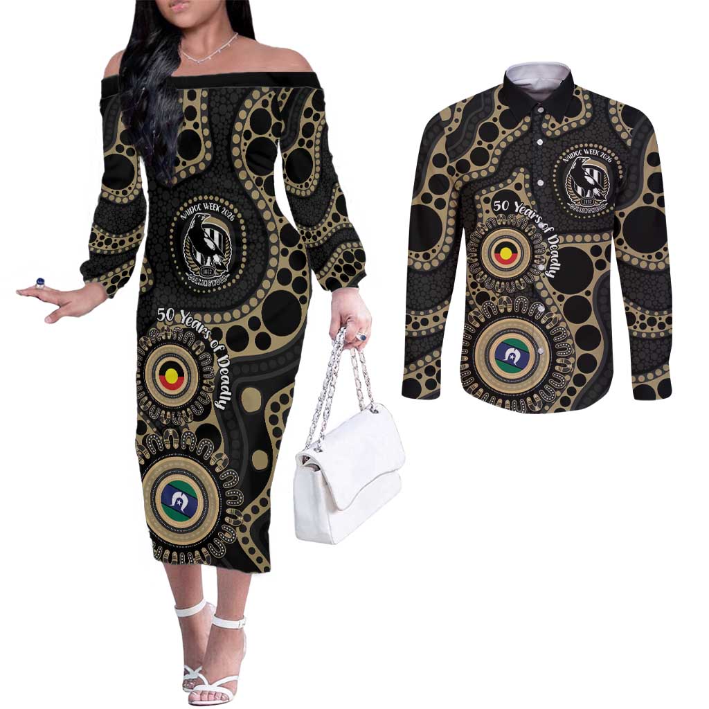 Collingwood NAIDOC Week 2026 Personalised Couples Matching Off The Shoulder Long Sleeve Dress and Long Sleeve Button Shirt 50 Years of Deadly Aboriginal Art