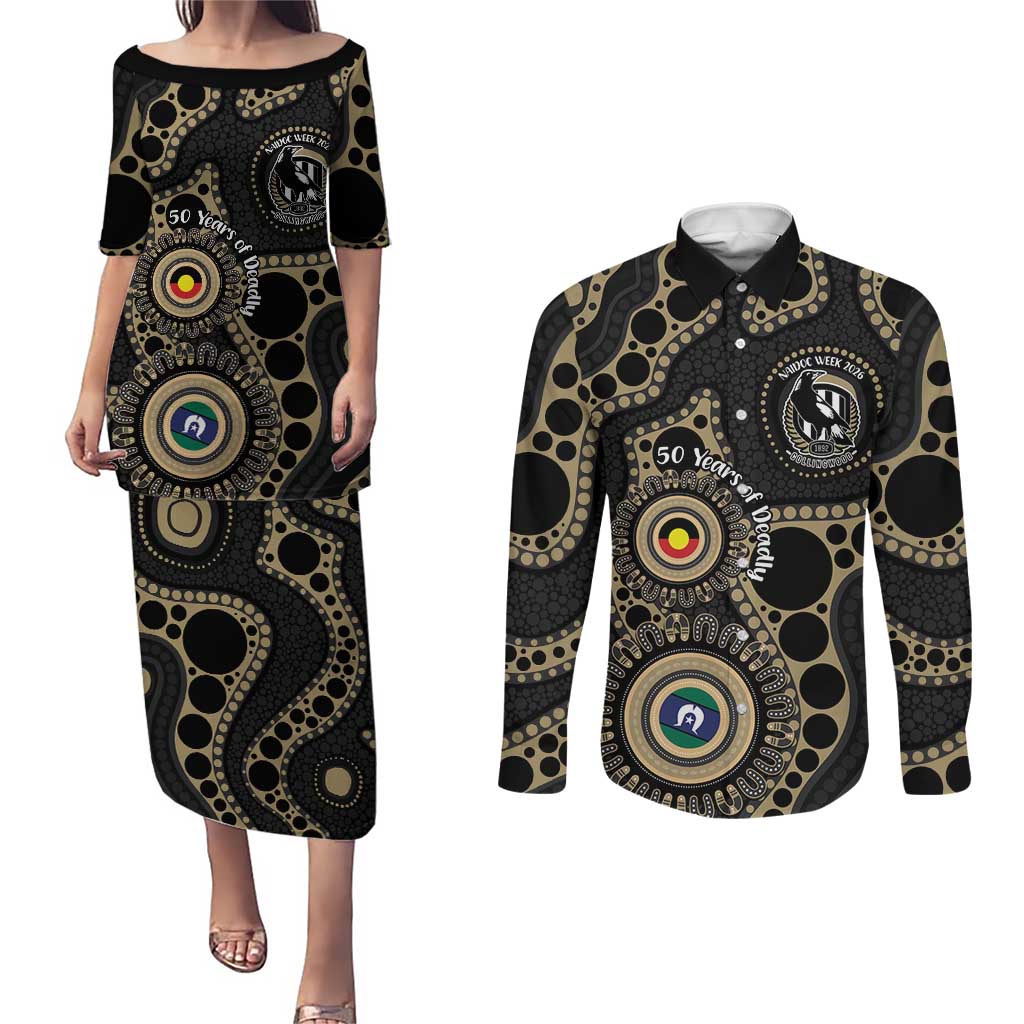 Collingwood NAIDOC Week 2026 Personalised Couples Matching Puletasi and Long Sleeve Button Shirt 50 Years of Deadly Aboriginal Art