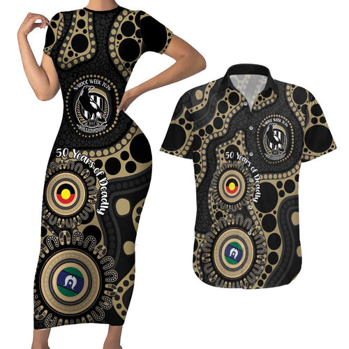 Collingwood NAIDOC Week 2026 Personalised Couples Matching Short Sleeve Bodycon Dress and Hawaiian Shirt 50 Years of Deadly Aboriginal Art
