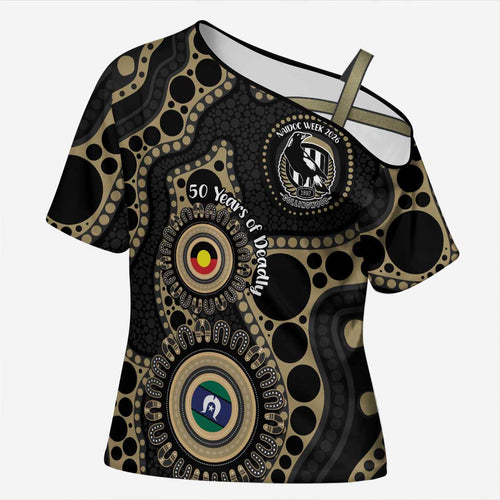 Collingwood NAIDOC Week 2026 Personalised Cross Shoulder Shirt 50 Years of Deadly Aboriginal Art