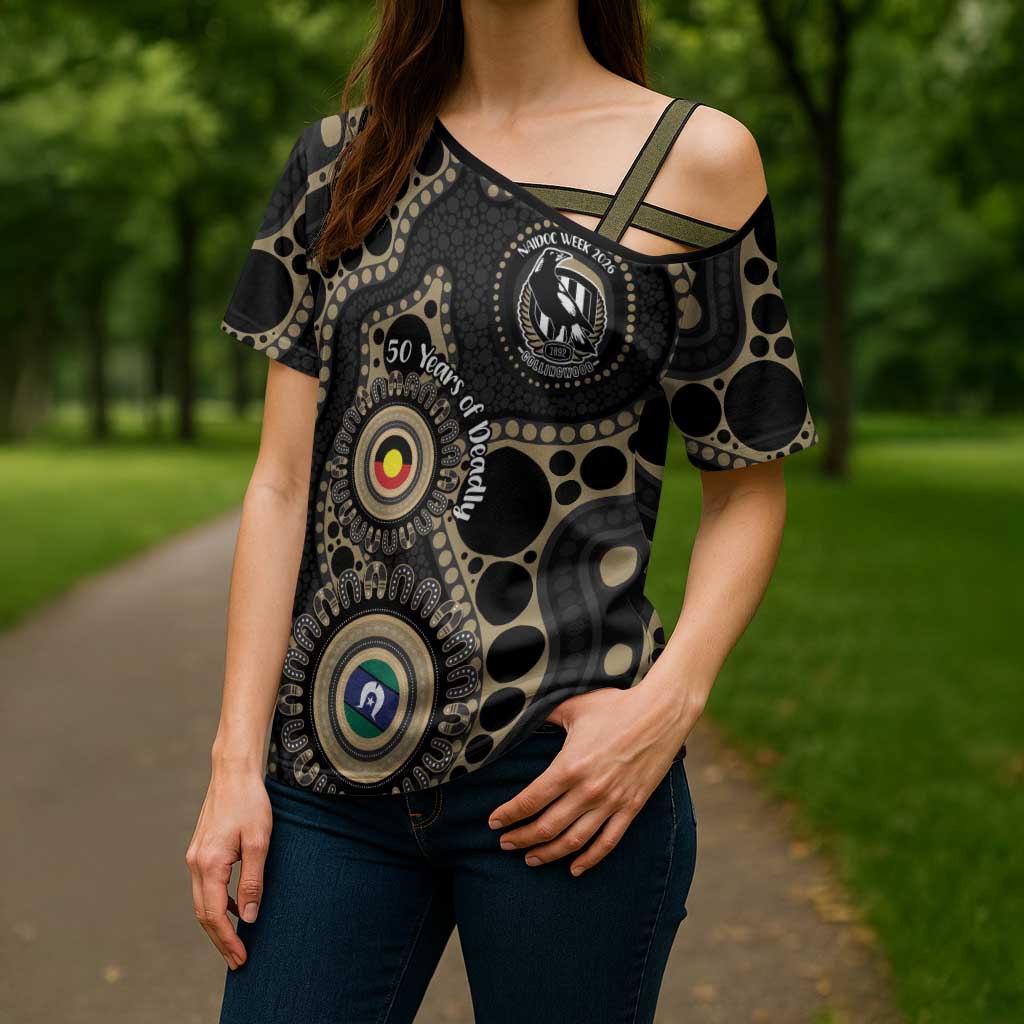Collingwood NAIDOC Week 2026 Personalised Cross Shoulder Shirt 50 Years of Deadly Aboriginal Art