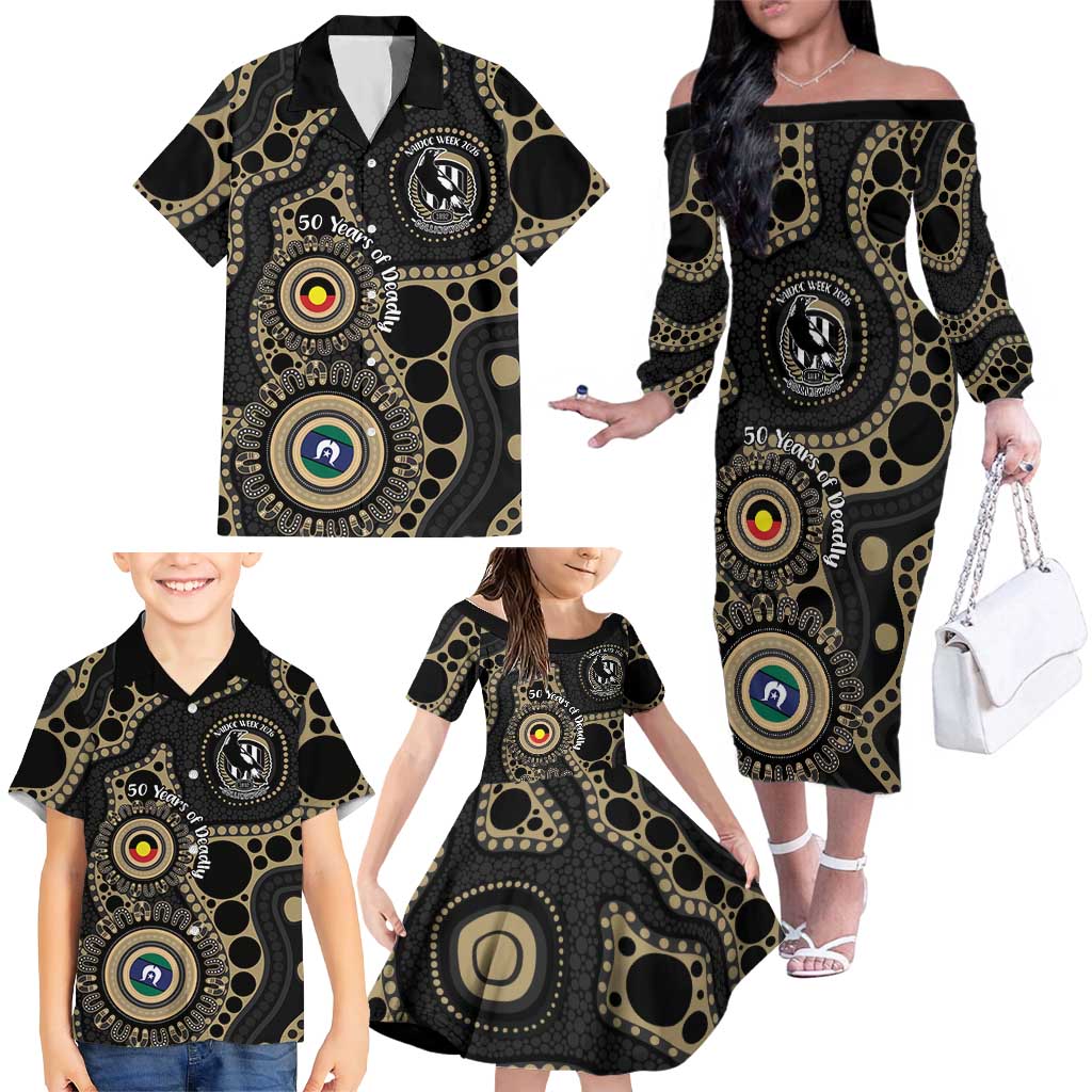 Collingwood NAIDOC Week 2026 Personalised Family Matching Off The Shoulder Long Sleeve Dress and Hawaiian Shirt 50 Years of Deadly Aboriginal Art