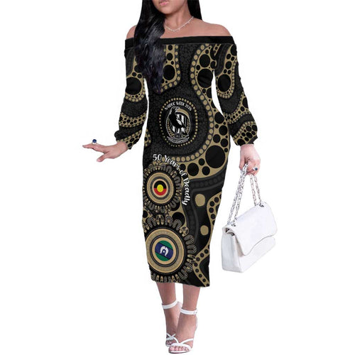 Collingwood NAIDOC Week 2026 Personalised Family Matching Off The Shoulder Long Sleeve Dress and Hawaiian Shirt 50 Years of Deadly Aboriginal Art