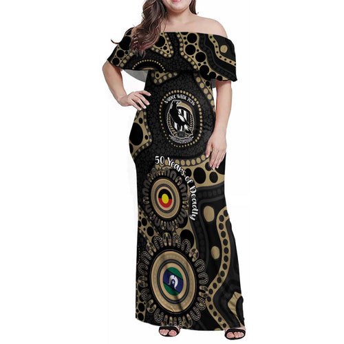 Collingwood NAIDOC Week 2026 Personalised Family Matching Off Shoulder Maxi Dress and Hawaiian Shirt 50 Years of Deadly Aboriginal Art