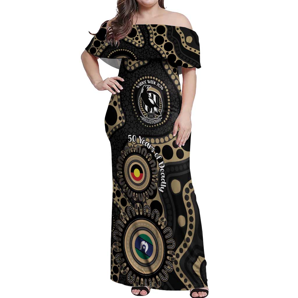 Collingwood NAIDOC Week 2026 Personalised Off Shoulder Maxi Dress 50 Years of Deadly Aboriginal Art