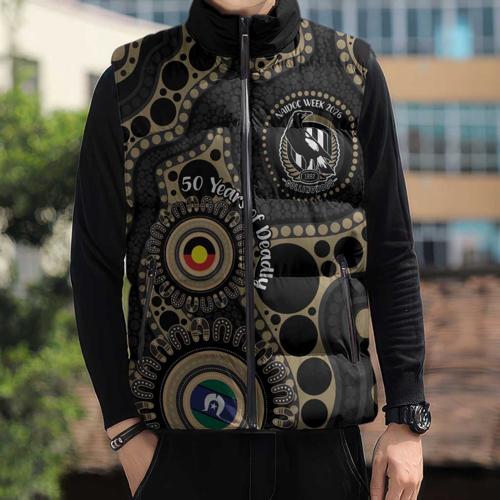 Collingwood NAIDOC Week 2026 Personalised Sleeveless Puffer Jacket 50 Years of Deadly Aboriginal Art