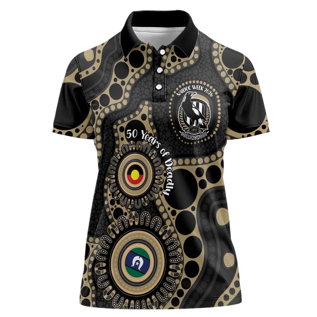Collingwood NAIDOC Week 2026 Personalised Women Polo Shirt 50 Years of Deadly Aboriginal Art