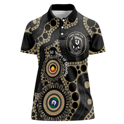 Collingwood NAIDOC Week 2026 Personalised Women Polo Shirt 50 Years of Deadly Aboriginal Art