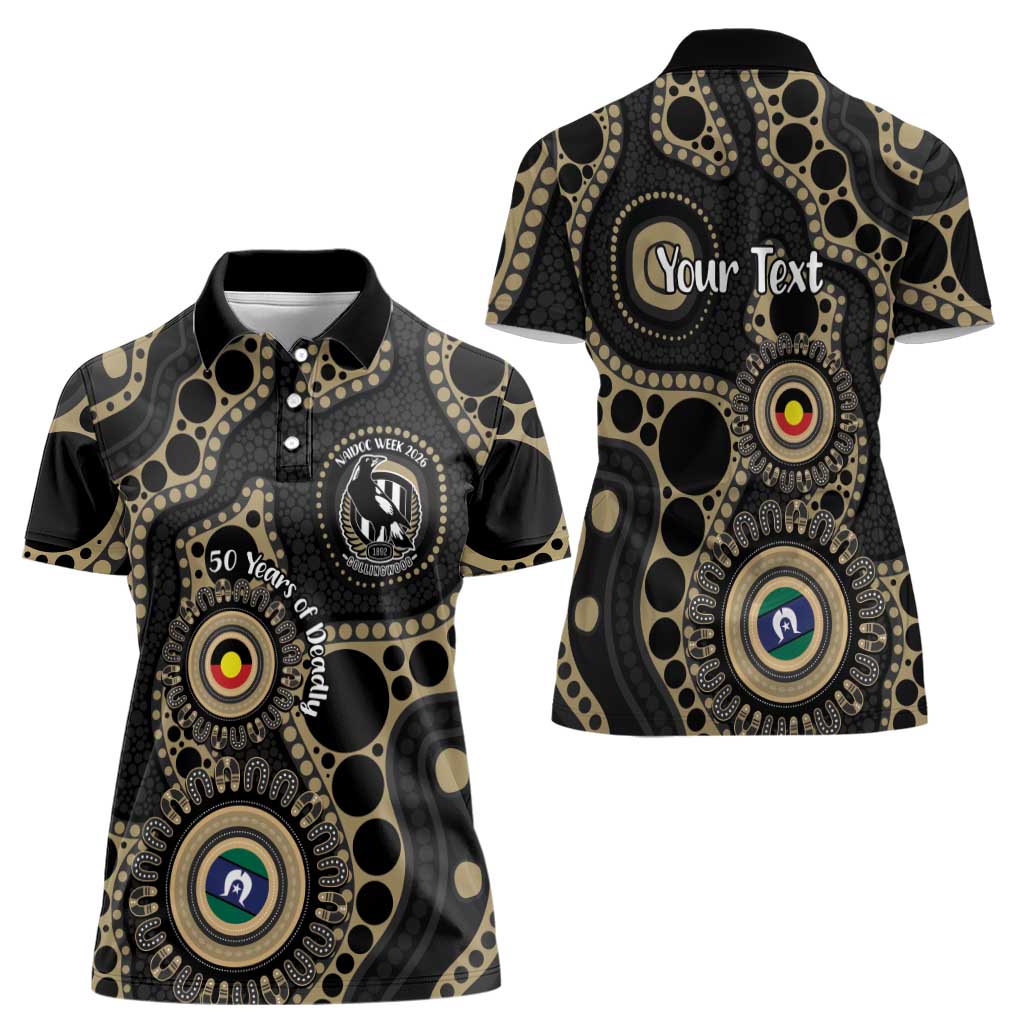 Collingwood NAIDOC Week 2026 Personalised Women Polo Shirt 50 Years of Deadly Aboriginal Art