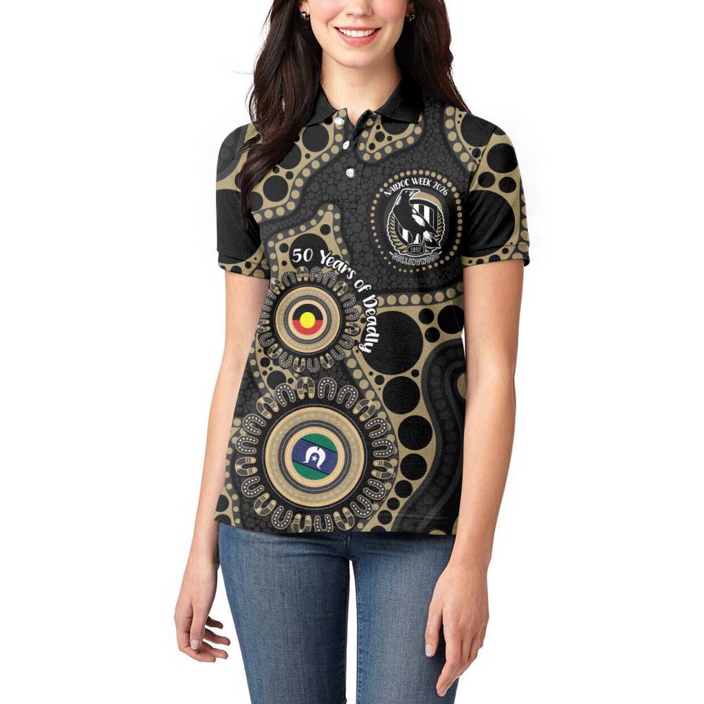 Collingwood NAIDOC Week 2026 Personalised Women Polo Shirt 50 Years of Deadly Aboriginal Art