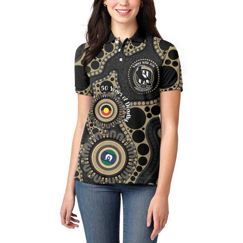 Collingwood NAIDOC Week 2026 Personalised Women Polo Shirt 50 Years of Deadly Aboriginal Art