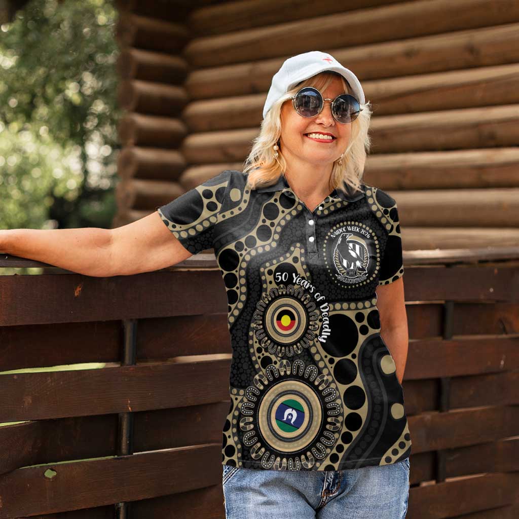 Collingwood NAIDOC Week 2026 Personalised Women Polo Shirt 50 Years of Deadly Aboriginal Art
