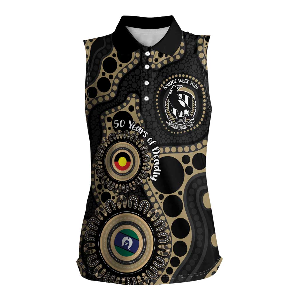 Collingwood NAIDOC Week 2026 Personalised Women Sleeveless Polo Shirt 50 Years of Deadly Aboriginal Art