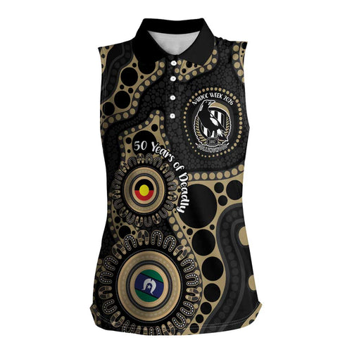 Collingwood NAIDOC Week 2026 Personalised Women Sleeveless Polo Shirt 50 Years of Deadly Aboriginal Art