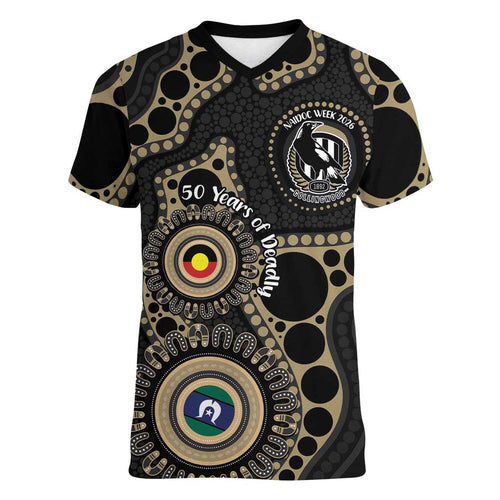 Collingwood NAIDOC Week 2026 Personalised Women V-Neck T-Shirt 50 Years of Deadly Aboriginal Art