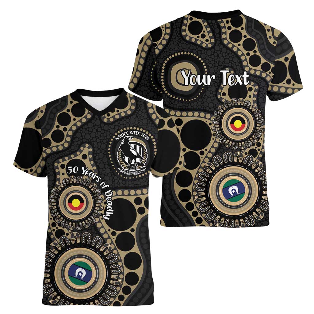 Collingwood NAIDOC Week 2026 Personalised Women V-Neck T-Shirt 50 Years of Deadly Aboriginal Art
