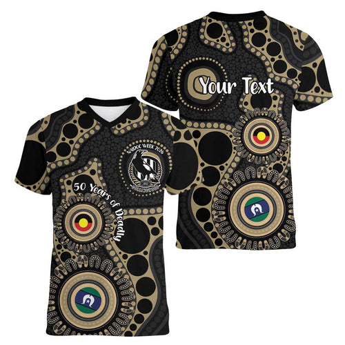 Collingwood NAIDOC Week 2026 Personalised Women V-Neck T-Shirt 50 Years of Deadly Aboriginal Art