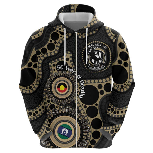 Collingwood NAIDOC Week 2026 Personalised Zip Hoodie 50 Years of Deadly Aboriginal Art