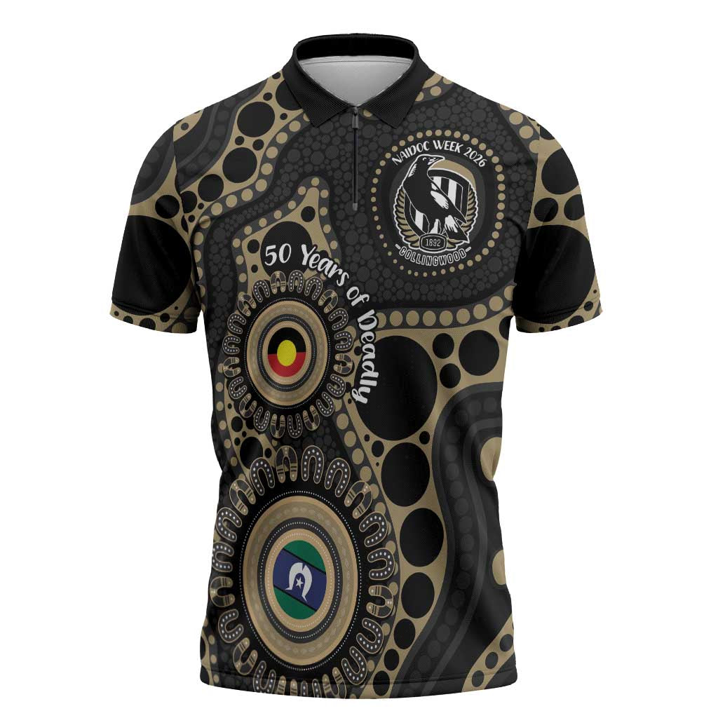 Collingwood NAIDOC Week 2026 Personalised Zipper Polo Shirt 50 Years of Deadly Aboriginal Art
