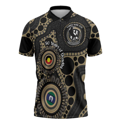 Collingwood NAIDOC Week 2026 Personalised Zipper Polo Shirt 50 Years of Deadly Aboriginal Art