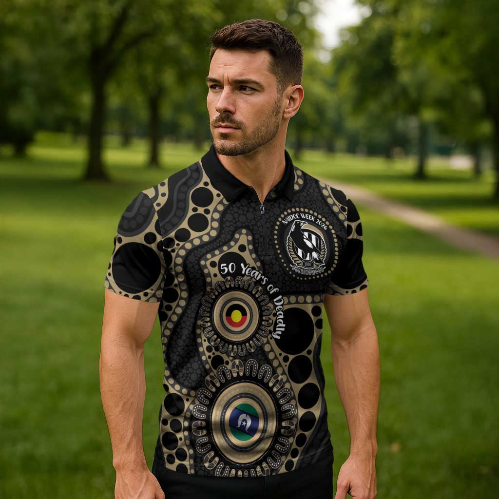 Collingwood NAIDOC Week 2026 Personalised Zipper Polo Shirt 50 Years of Deadly Aboriginal Art