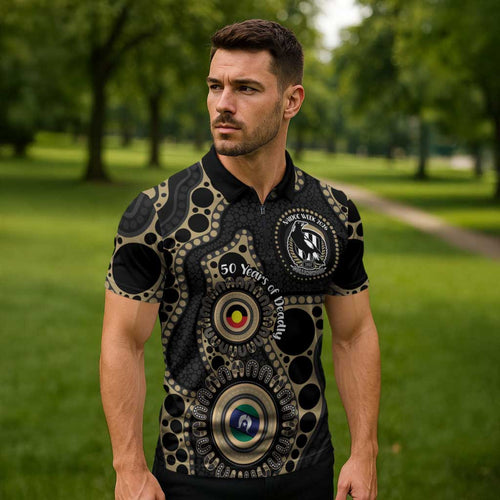 Collingwood NAIDOC Week 2026 Personalised Zipper Polo Shirt 50 Years of Deadly Aboriginal Art